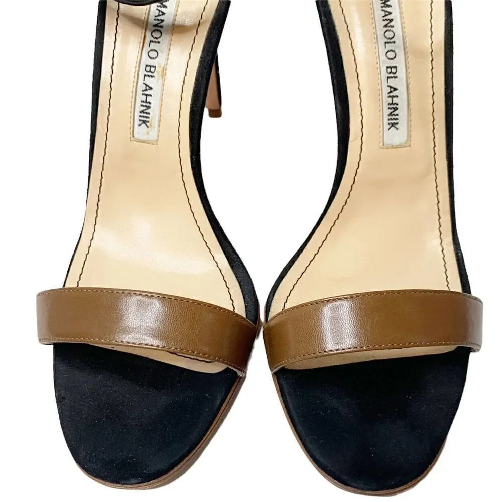 Manolo Blahnik Chaos High Heels in Two Tone Black Suede Tan 105 MM Sandals 39.5
